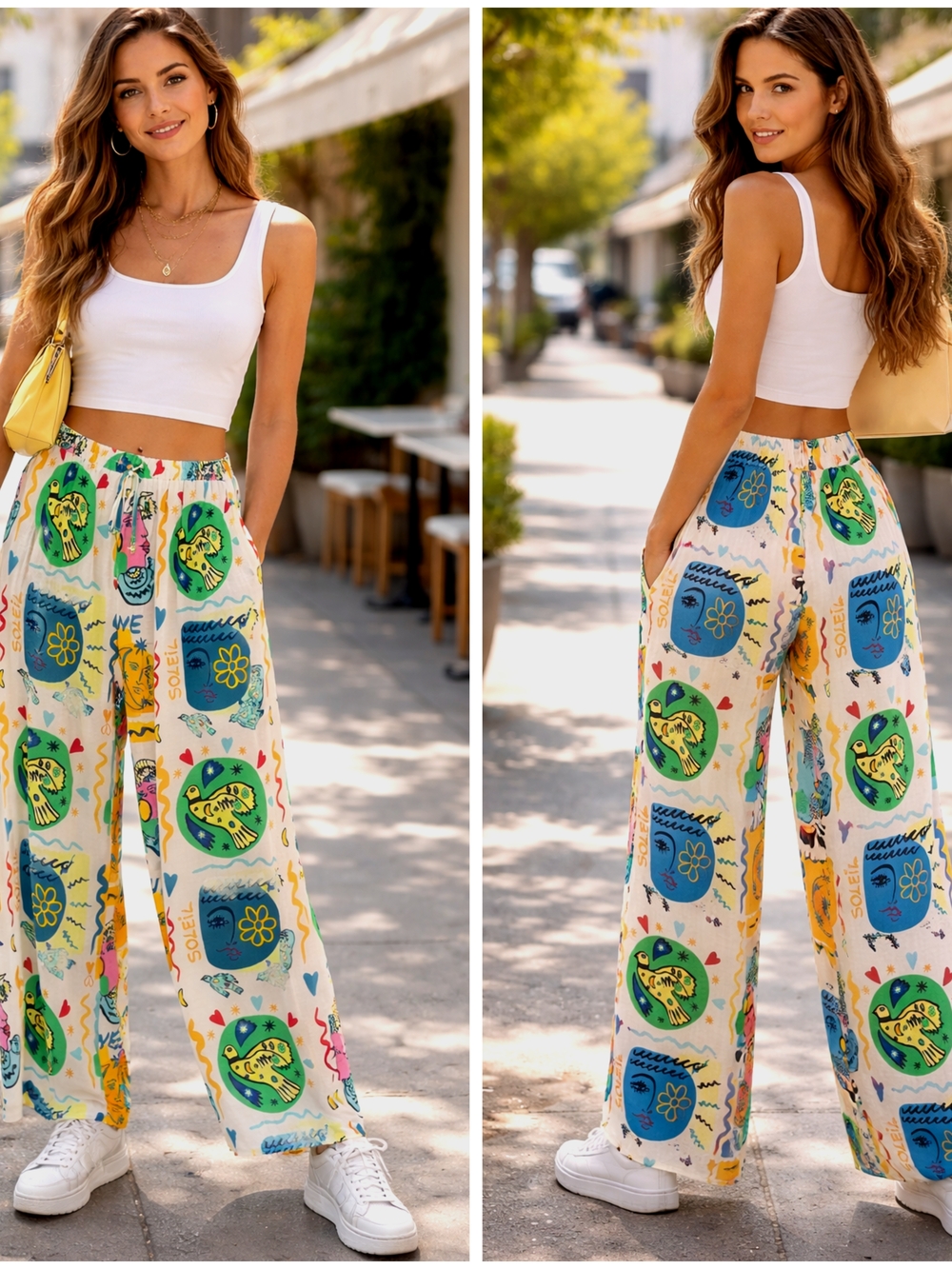 Rose & Olive, Wide-Leg Printed Soleil Pants with Motifs
